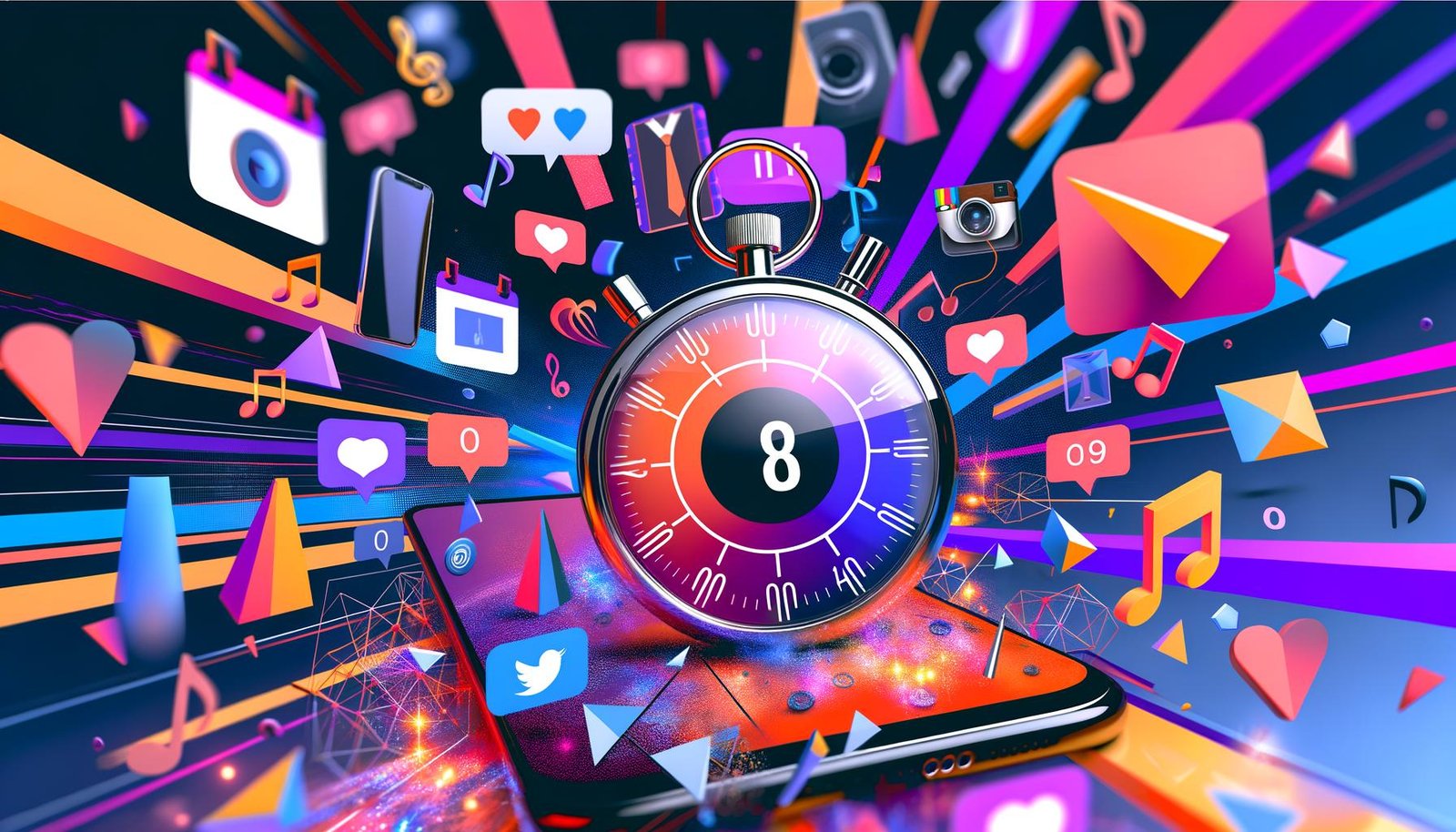 Moderne Komposition aus Smartphones mit Snackable Content-Formaten, zentral eine Stoppuhr mit acht Sekunden, umgeben von Social-Media-Logos und abstrakten Elementen.