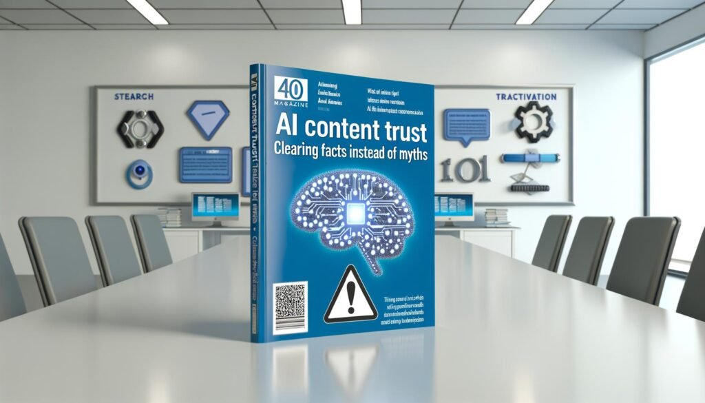 Titelbild eines Magazins mit der Aufschrift 'AI Content Vertrauen: Fakten statt Mythen klären', umgeben von stilisierten KI- und Fact-Checking-Symbolen sowie Warnschildern im cleanen Büro mit Monitoren.