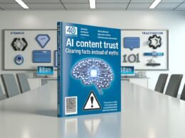 Titelbild eines Magazins mit der Aufschrift 'AI Content Vertrauen: Fakten statt Mythen klären', umgeben von stilisierten KI- und Fact-Checking-Symbolen sowie Warnschildern im cleanen Büro mit Monitoren.