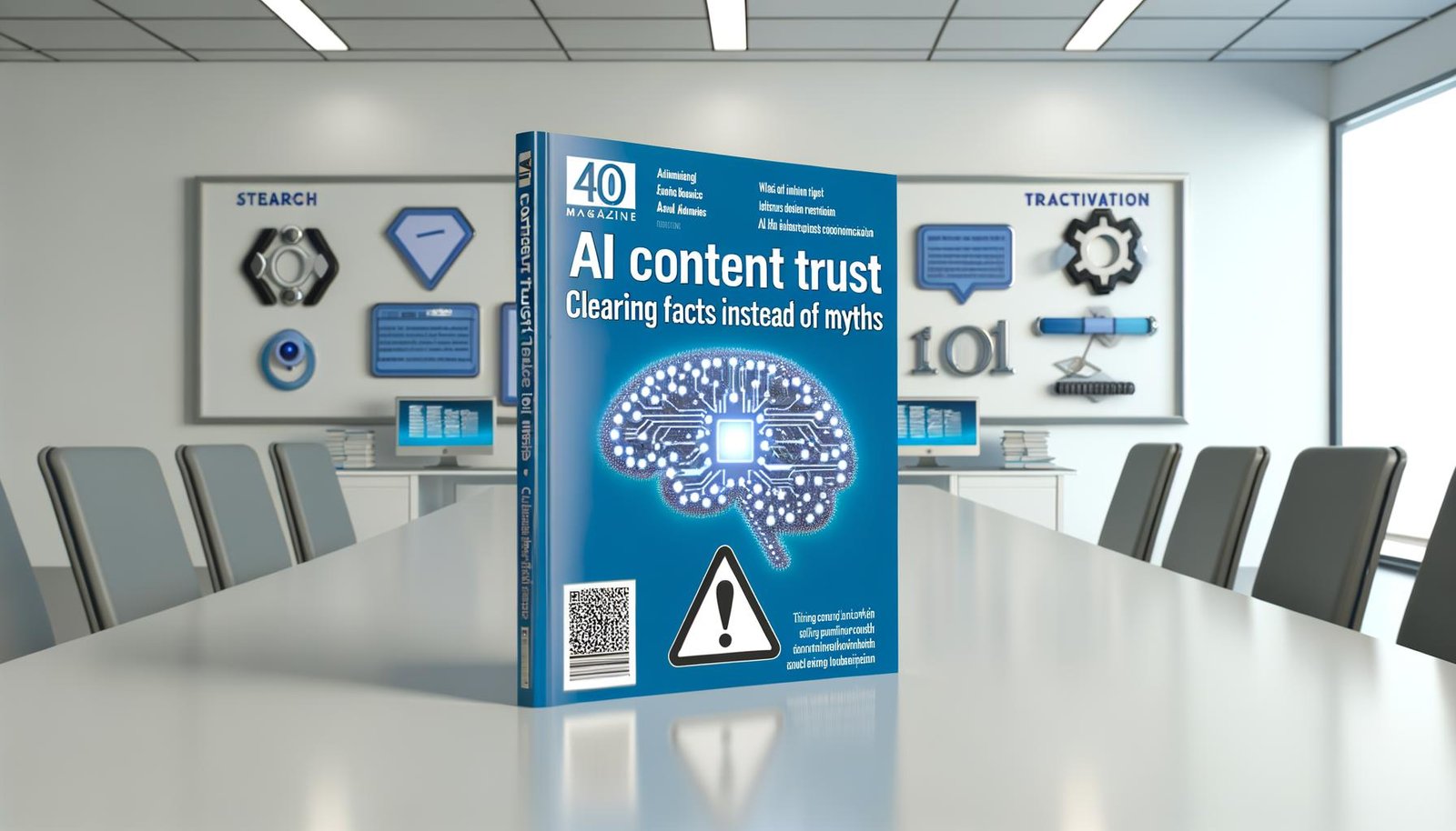 Titelbild eines Magazins mit der Aufschrift 'AI Content Vertrauen: Fakten statt Mythen klären', umgeben von stilisierten KI- und Fact-Checking-Symbolen sowie Warnschildern im cleanen Büro mit Monitoren.