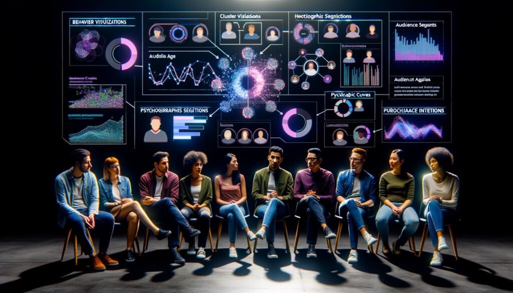 Marketing-Team in futuristischem Setting diskutiert vor großen Bildschirmen mit dynamischen Datenvisualisierungen und Nutzeranalysen