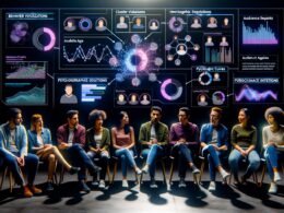 Marketing-Team in futuristischem Setting diskutiert vor großen Bildschirmen mit dynamischen Datenvisualisierungen und Nutzeranalysen
