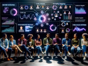 Marketing-Team in futuristischem Setting diskutiert vor großen Bildschirmen mit dynamischen Datenvisualisierungen und Nutzeranalysen