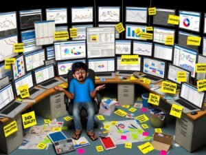 Junge Digital-Marketerin in einem chaotischen Büro, umgeben von mehreren Bildschirmen mit dichten Analysedaten und Marketing-Buzzwords.