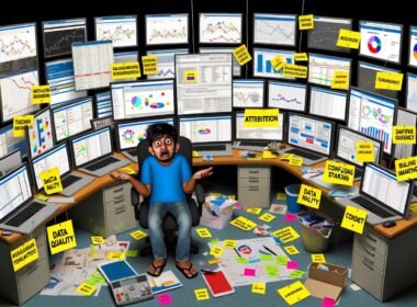 Junge Digital-Marketerin in einem chaotischen Büro, umgeben von mehreren Bildschirmen mit dichten Analysedaten und Marketing-Buzzwords.