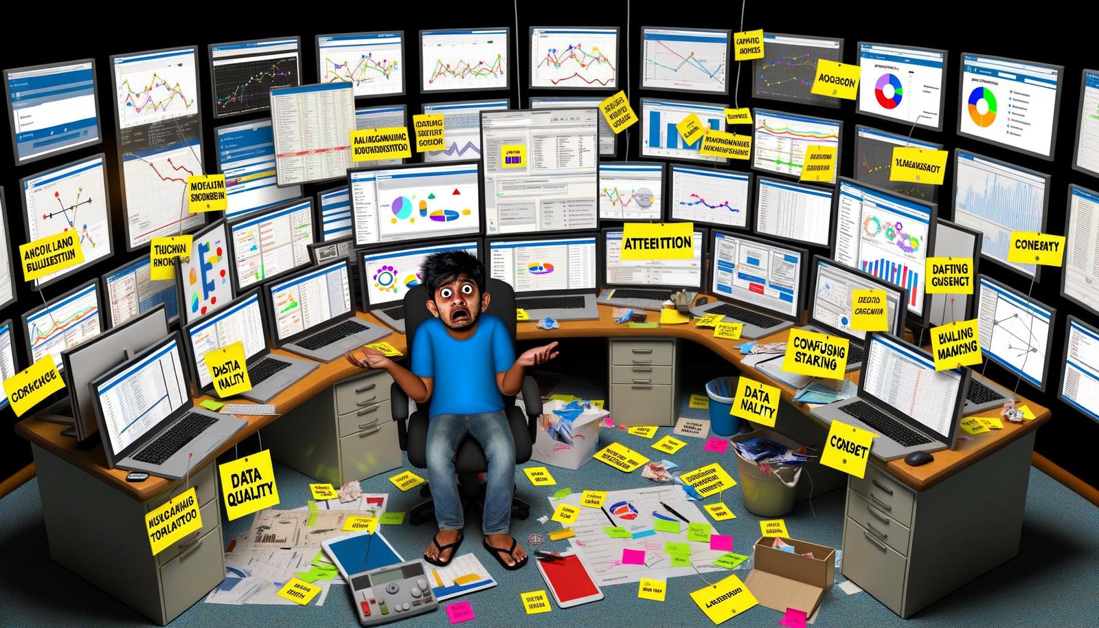 Junge Digital-Marketerin in einem chaotischen Büro, umgeben von mehreren Bildschirmen mit dichten Analysedaten und Marketing-Buzzwords.