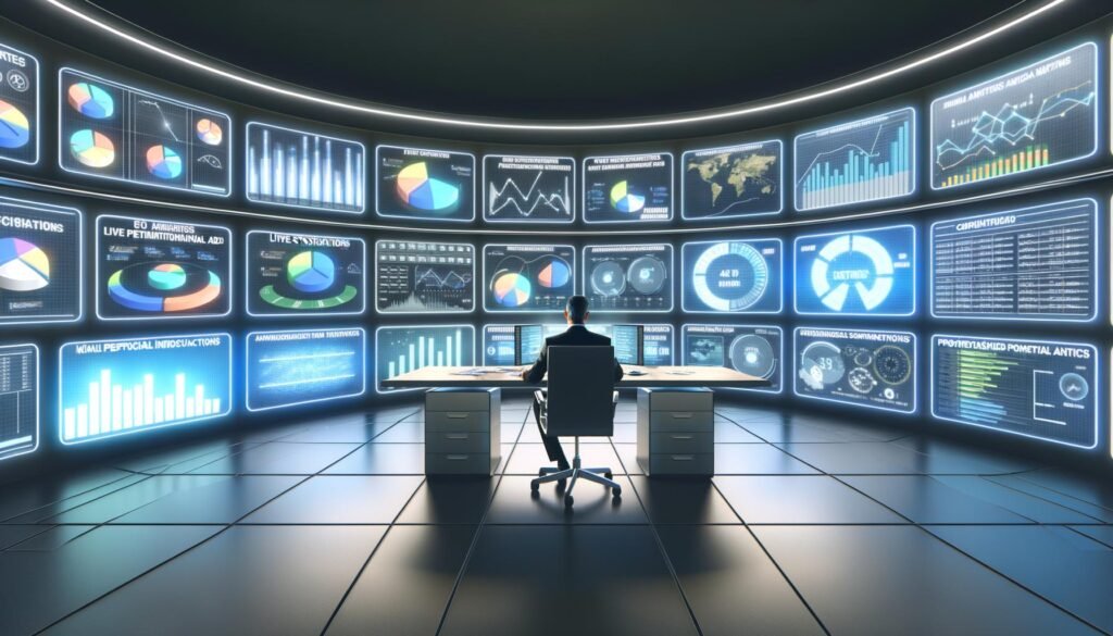 Marketer in einer modernen Kontrollzentrale mit großen Bildschirmen, die automatisch integrierte Marketingdaten und Kampagnenmetriken aus mehreren Online-Plattformen anzeigen.