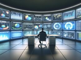 Marketer in einer modernen Kontrollzentrale mit großen Bildschirmen, die automatisch integrierte Marketingdaten und Kampagnenmetriken aus mehreren Online-Plattformen anzeigen.