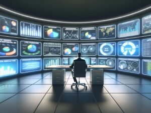 Marketer in einer modernen Kontrollzentrale mit großen Bildschirmen, die automatisch integrierte Marketingdaten und Kampagnenmetriken aus mehreren Online-Plattformen anzeigen.