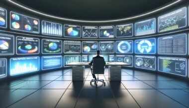 Marketer in einer modernen Kontrollzentrale mit großen Bildschirmen, die automatisch integrierte Marketingdaten und Kampagnenmetriken aus mehreren Online-Plattformen anzeigen.