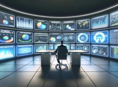 Marketer in einer modernen Kontrollzentrale mit großen Bildschirmen, die automatisch integrierte Marketingdaten und Kampagnenmetriken aus mehreren Online-Plattformen anzeigen.