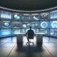 Marketer in einer modernen Kontrollzentrale mit großen Bildschirmen, die automatisch integrierte Marketingdaten und Kampagnenmetriken aus mehreren Online-Plattformen anzeigen.