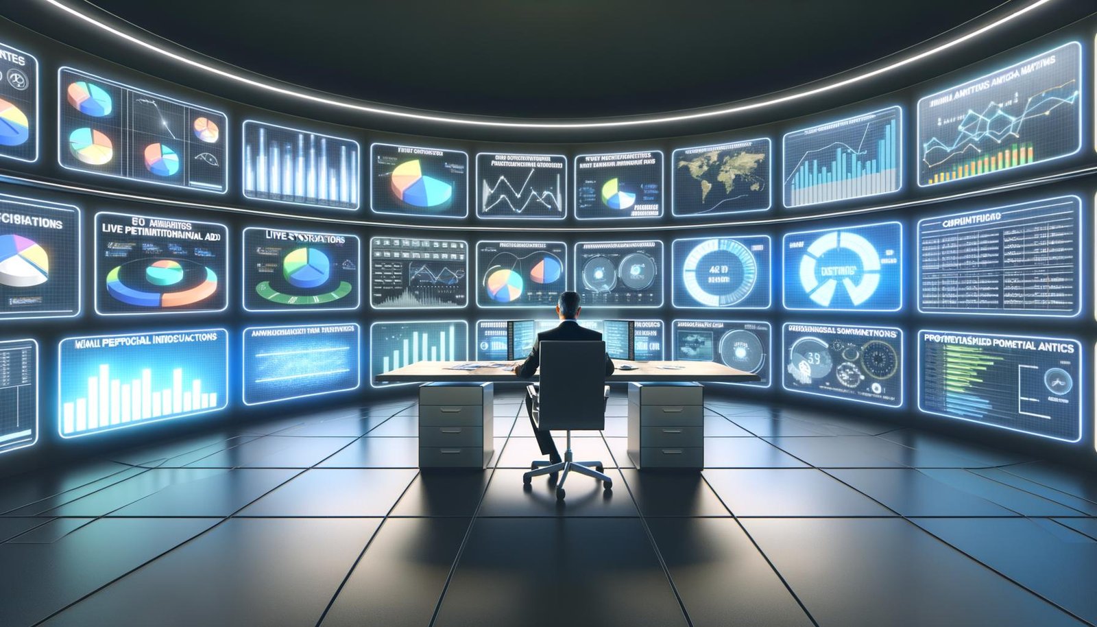 Marketer in einer modernen Kontrollzentrale mit großen Bildschirmen, die automatisch integrierte Marketingdaten und Kampagnenmetriken aus mehreren Online-Plattformen anzeigen.