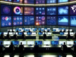 Futuristischer Kontrollraum mit Marketingspezialisten, großen digitalen Bildschirmen und farbenfrohen Datenvisualisierungen aus mehreren Kanälen.