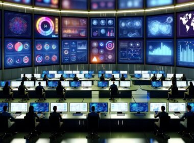 Futuristischer Kontrollraum mit Marketingspezialisten, großen digitalen Bildschirmen und farbenfrohen Datenvisualisierungen aus mehreren Kanälen.