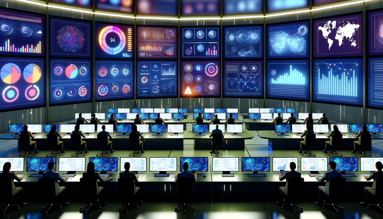 Futuristischer Kontrollraum mit Marketingspezialisten, großen digitalen Bildschirmen und farbenfrohen Datenvisualisierungen aus mehreren Kanälen.