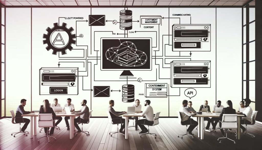Modernes Tech-Team am Arbeitsplatz analysiert Headless-CMS-Architektur mit großem GraphCMS-Logo und digitalen Endgeräten in professioneller Umgebung.