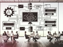 Modernes Tech-Team am Arbeitsplatz analysiert Headless-CMS-Architektur mit großem GraphCMS-Logo und digitalen Endgeräten in professioneller Umgebung.