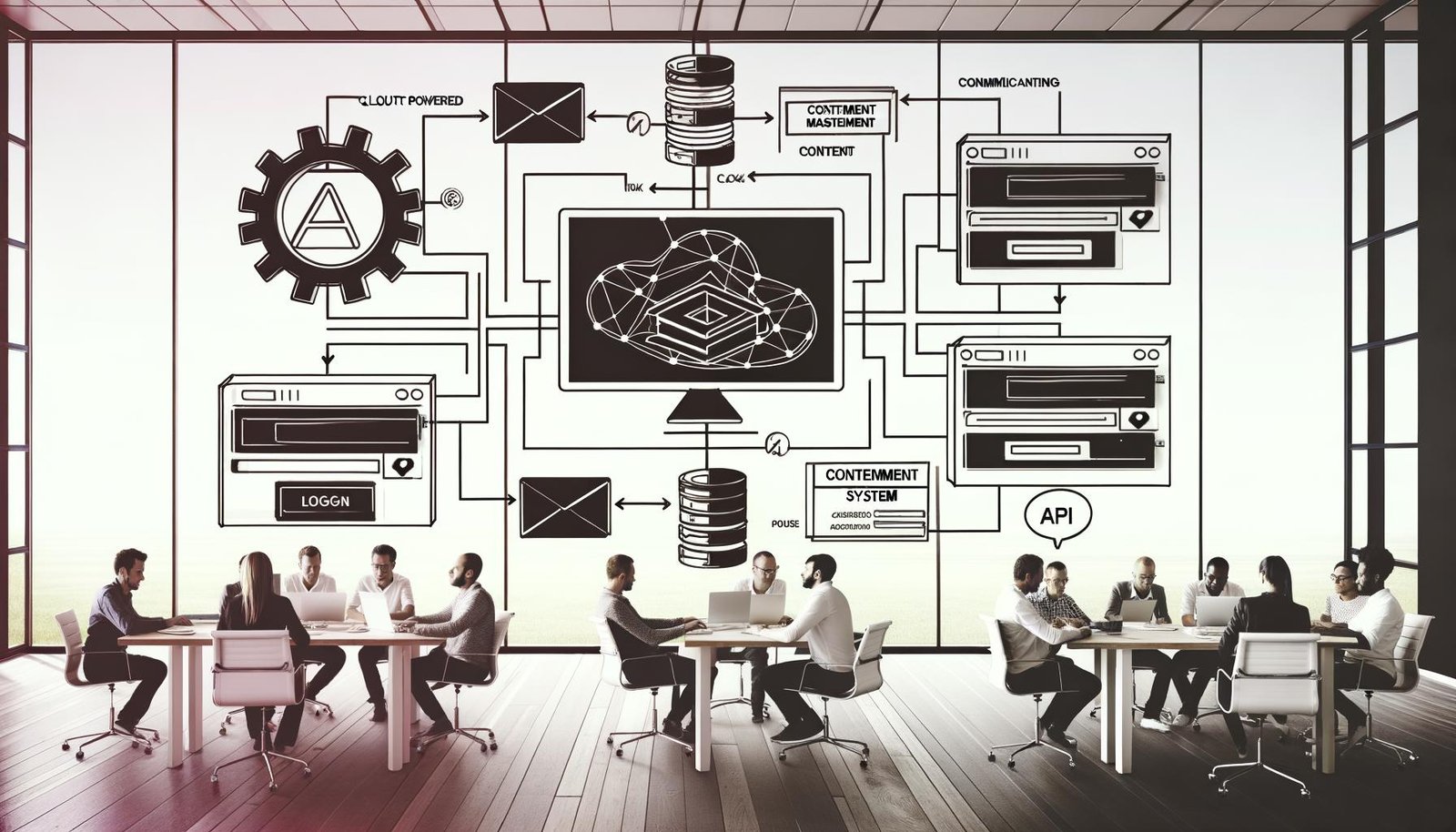 Modernes Tech-Team am Arbeitsplatz analysiert Headless-CMS-Architektur mit großem GraphCMS-Logo und digitalen Endgeräten in professioneller Umgebung.