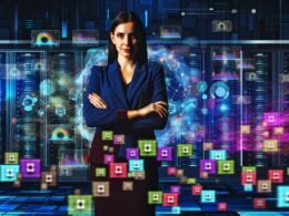 Digitaler Marketingexperte steht mit verschränkten Armen vor einem holografischen Datenanalyse-Interface mit Diagrammen, leuchtenden Zahlenströmen, verblassenden alten Werbebannern und moderner Bürotechnik.