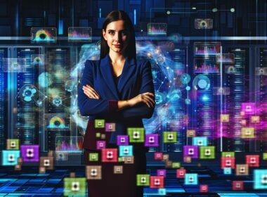 Digitaler Marketingexperte steht mit verschränkten Armen vor einem holografischen Datenanalyse-Interface mit Diagrammen, leuchtenden Zahlenströmen, verblassenden alten Werbebannern und moderner Bürotechnik.