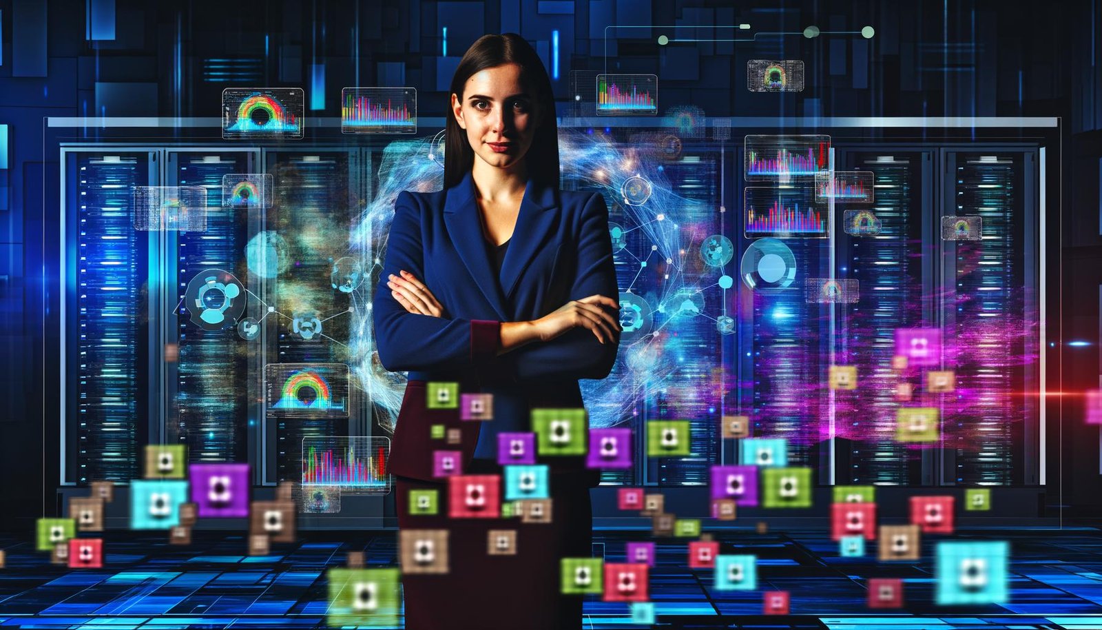 Digitaler Marketingexperte steht mit verschränkten Armen vor einem holografischen Datenanalyse-Interface mit Diagrammen, leuchtenden Zahlenströmen, verblassenden alten Werbebannern und moderner Bürotechnik.