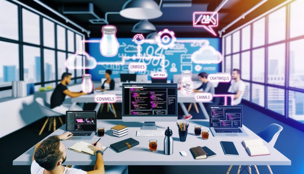 Moderner, urbaner Tech-Arbeitsplatz mit organisiertem Schreibtisch, MacBooks, Notizblöcken, Club-Mate-Flaschen und Monitor mit grafischem Headless CMS Workflow. Entwickler:innen steuern Content für verschiedene Ausgabekanäle.