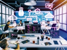 Moderner, urbaner Tech-Arbeitsplatz mit organisiertem Schreibtisch, MacBooks, Notizblöcken, Club-Mate-Flaschen und Monitor mit grafischem Headless CMS Workflow. Entwickler:innen steuern Content für verschiedene Ausgabekanäle.