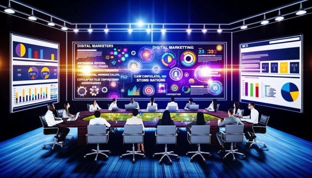 Digitale Marketers brainstormen an einem Touchscreen-Tisch mit buntem Content, während im Hintergrund Dashboards mit Echtzeit-Analysen und SEO-Metriken zu sehen sind.