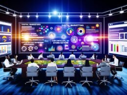 Digitale Marketers brainstormen an einem Touchscreen-Tisch mit buntem Content, während im Hintergrund Dashboards mit Echtzeit-Analysen und SEO-Metriken zu sehen sind.