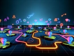 Moderne Illustration mehrerer digitaler Marketingdatenquellen als leuchtende Inseln, verbunden durch neonartige Datenverbindungen, die sich in einem zentralen Datenhub vereinen.