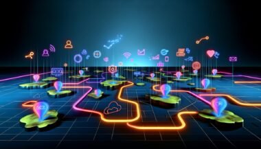 Moderne Illustration mehrerer digitaler Marketingdatenquellen als leuchtende Inseln, verbunden durch neonartige Datenverbindungen, die sich in einem zentralen Datenhub vereinen.
