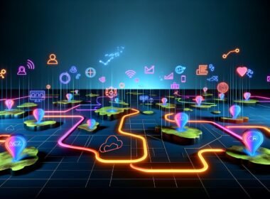 Moderne Illustration mehrerer digitaler Marketingdatenquellen als leuchtende Inseln, verbunden durch neonartige Datenverbindungen, die sich in einem zentralen Datenhub vereinen.