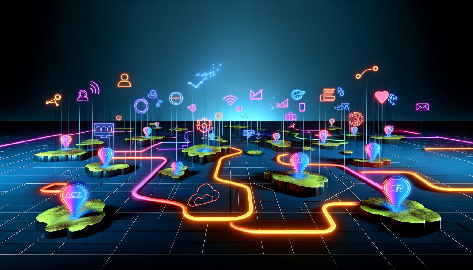Moderne Illustration mehrerer digitaler Marketingdatenquellen als leuchtende Inseln, verbunden durch neonartige Datenverbindungen, die sich in einem zentralen Datenhub vereinen.