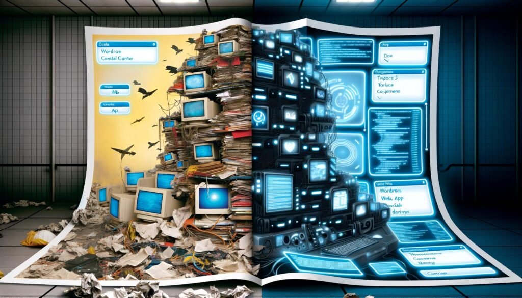 Redaktionelle Doppelseite mit chaotischem, überladenem Arbeitsplatz voller alter CMS-Oberflächen und moderner, leuchtender GraphCMS-Umgebung mit modularen Content-Blöcken.