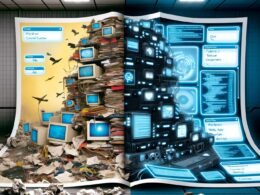 Redaktionelle Doppelseite mit chaotischem, überladenem Arbeitsplatz voller alter CMS-Oberflächen und moderner, leuchtender GraphCMS-Umgebung mit modularen Content-Blöcken.