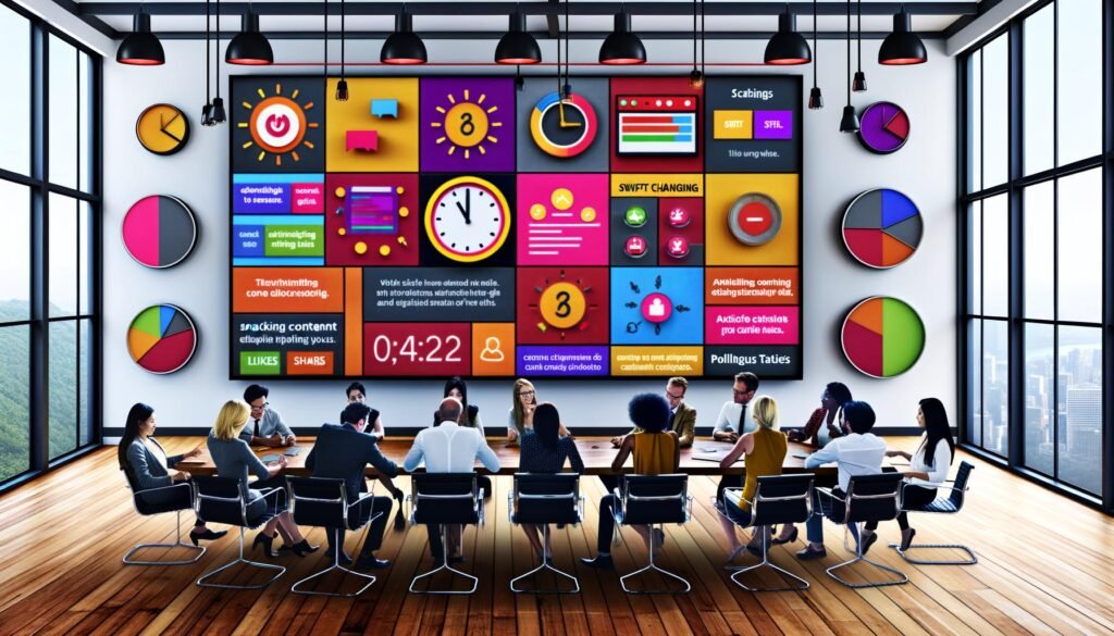 Digital-Marketing-Team brainstormt an Touchscreen mit vielfältigen Micro-Content-Formaten und schnellen Social Media Statistiken in modernem Workspace