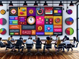 Digital-Marketing-Team brainstormt an Touchscreen mit vielfältigen Micro-Content-Formaten und schnellen Social Media Statistiken in modernem Workspace