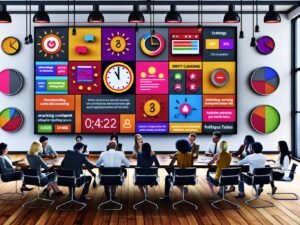 Digital-Marketing-Team brainstormt an Touchscreen mit vielfältigen Micro-Content-Formaten und schnellen Social Media Statistiken in modernem Workspace