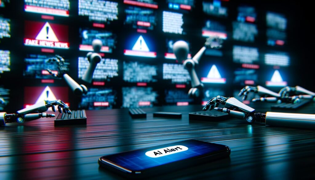 Collage von Illustrationen: Ein futuristischer Newsroom voll KI-gesteuerter Fake-News, Deepfakes auf Großbildleinwänden, Suchmaschinen mit Warnsymbolen, forensische Kontrollzentralen, grafische Abwehrstrategien und inspirierende Marketing-Szenen, die Chancen und Gefahren von künstlicher Intelligenz visualisieren.