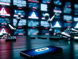 Collage von Illustrationen: Ein futuristischer Newsroom voll KI-gesteuerter Fake-News, Deepfakes auf Großbildleinwänden, Suchmaschinen mit Warnsymbolen, forensische Kontrollzentralen, grafische Abwehrstrategien und inspirierende Marketing-Szenen, die Chancen und Gefahren von künstlicher Intelligenz visualisieren.