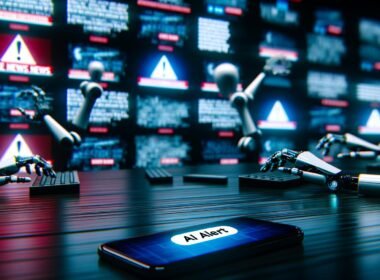 Collage von Illustrationen: Ein futuristischer Newsroom voll KI-gesteuerter Fake-News, Deepfakes auf Großbildleinwänden, Suchmaschinen mit Warnsymbolen, forensische Kontrollzentralen, grafische Abwehrstrategien und inspirierende Marketing-Szenen, die Chancen und Gefahren von künstlicher Intelligenz visualisieren.