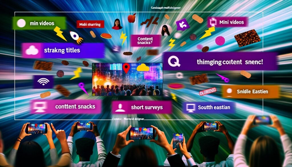 Digitale Benutzeroberfläche mit verschiedenen Snack-Content-Elementen, Interaktionen auf Smartphones, Tablets und Laptops, bunte Icons, schnelle Datenströme im Hintergrund