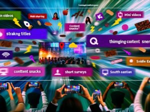 Digitale Benutzeroberfläche mit verschiedenen Snack-Content-Elementen, Interaktionen auf Smartphones, Tablets und Laptops, bunte Icons, schnelle Datenströme im Hintergrund