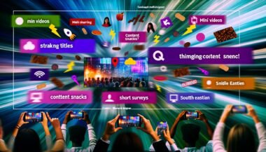 Digitale Benutzeroberfläche mit verschiedenen Snack-Content-Elementen, Interaktionen auf Smartphones, Tablets und Laptops, bunte Icons, schnelle Datenströme im Hintergrund