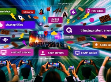Digitale Benutzeroberfläche mit verschiedenen Snack-Content-Elementen, Interaktionen auf Smartphones, Tablets und Laptops, bunte Icons, schnelle Datenströme im Hintergrund