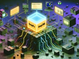 Futuristische Illustration mit einem leuchtenden GraphCMS (Hygraph) Cube als Steuerzentrale, von dem aus verschiedene digitale Kanäle mit individuell angepasstem Content gespeist werden; umgeben von alten Technologien wie Faxgerät, Modem und Monolith-CMS.