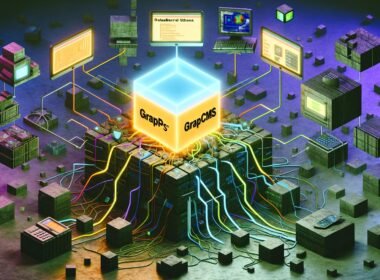 Futuristische Illustration mit einem leuchtenden GraphCMS (Hygraph) Cube als Steuerzentrale, von dem aus verschiedene digitale Kanäle mit individuell angepasstem Content gespeist werden; umgeben von alten Technologien wie Faxgerät, Modem und Monolith-CMS.