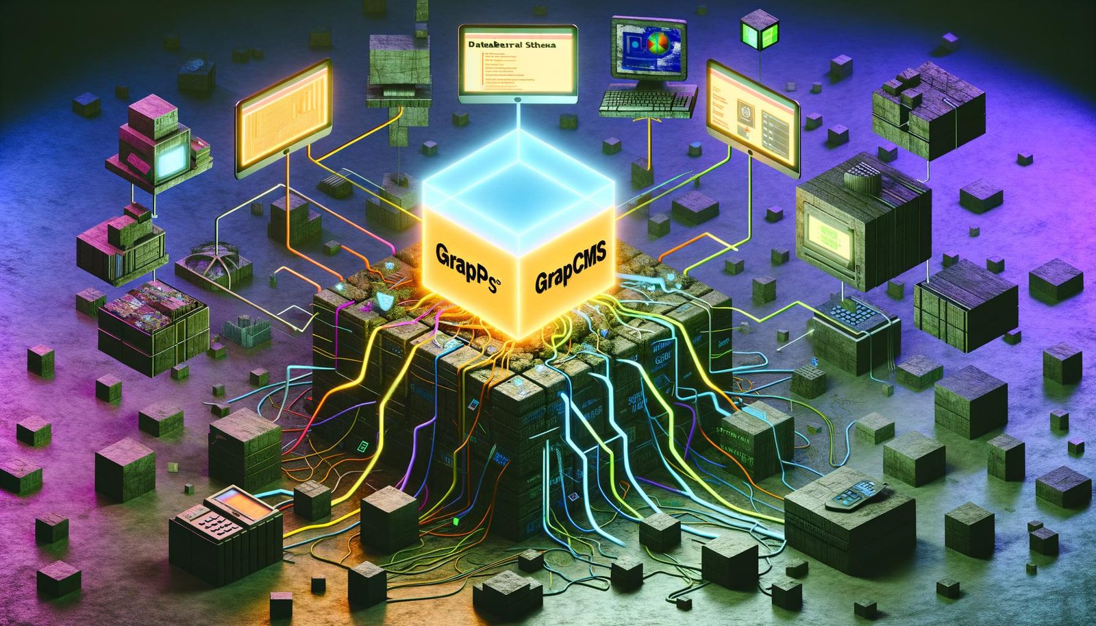 Futuristische Illustration mit einem leuchtenden GraphCMS (Hygraph) Cube als Steuerzentrale, von dem aus verschiedene digitale Kanäle mit individuell angepasstem Content gespeist werden; umgeben von alten Technologien wie Faxgerät, Modem und Monolith-CMS.
