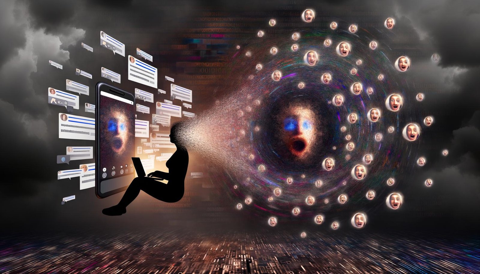 Collage über KI-Fake-News: Smartphone mit Deepfake-Video, GPT-generierte Texte, wirbelnde Social-Media-Icons und Kontrast aus panischer und skeptischer Person im Schatten.